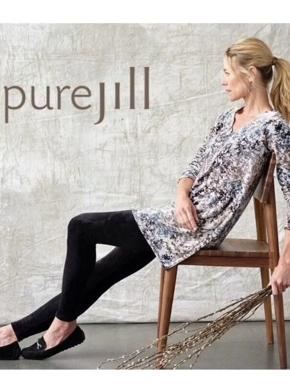 Pure Jill J Jill Zinc Calm Vines Velour Tunic Gray Colorway V Neck Long Sleeve L